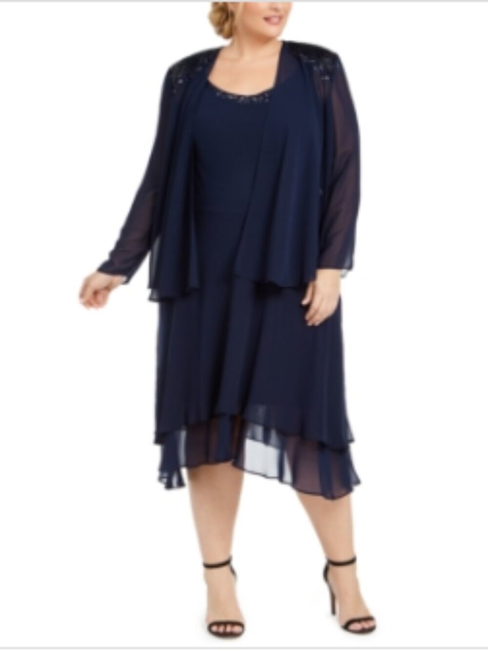 SLNY Women's Navy Jeweled Embellished 2PC Formal Shift Dress and Cover 14W